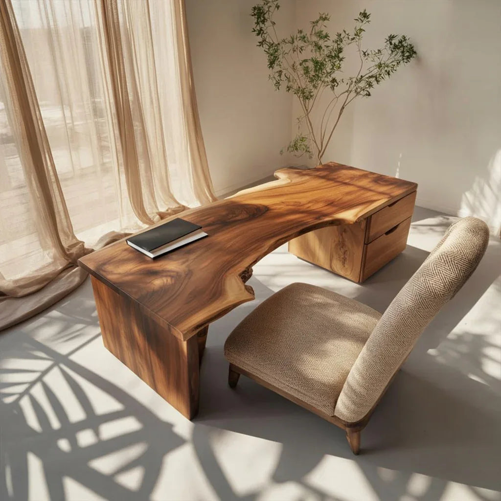 Live edge solid wood desk with natural finish, modern armchair, and indoor plant in sunlit room