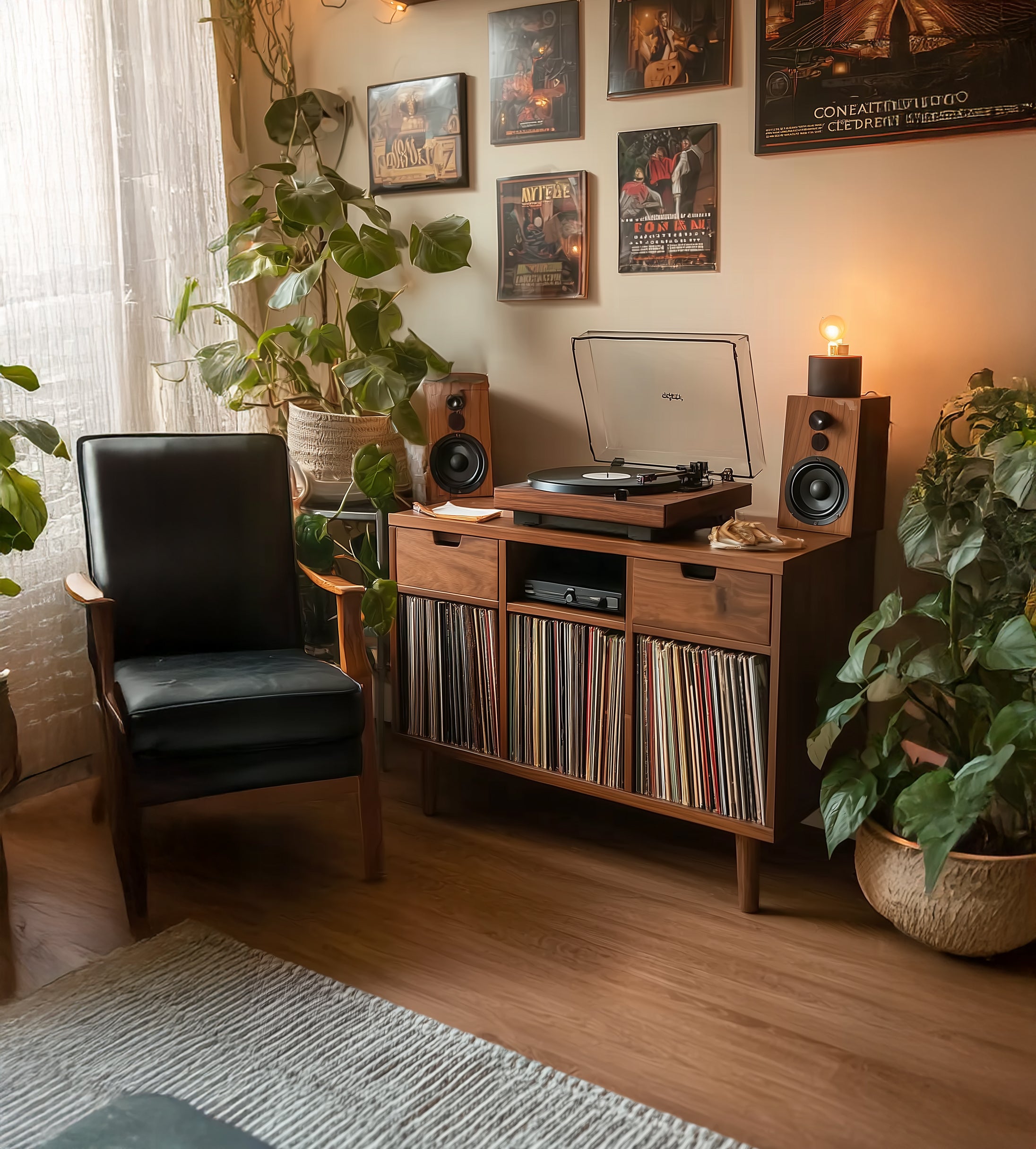 Handcrafted Record Player Stand – Natural Wood Turntable Station with Storage, Customizable Record Cube Organizer