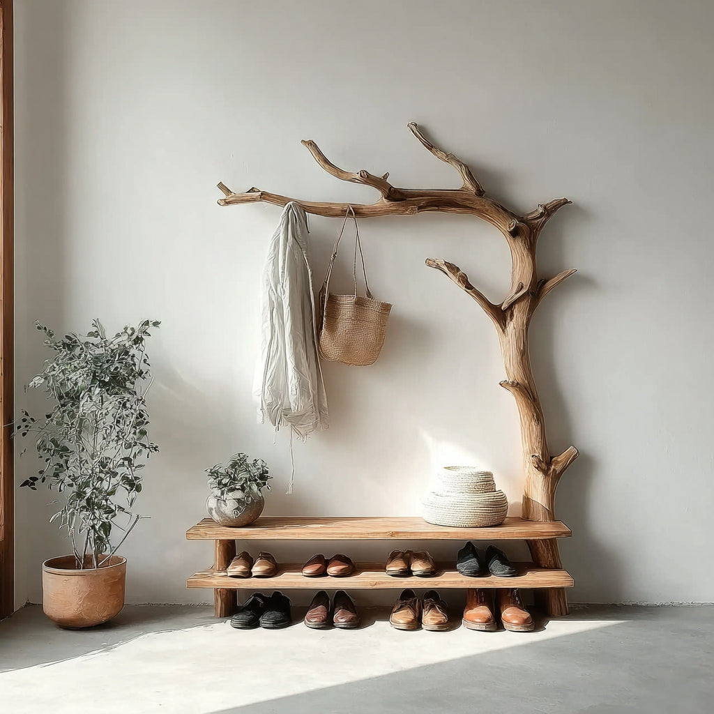 Minimalist shoe rack with wooden tree branch coat rack, shoes, plants, and woven baskets