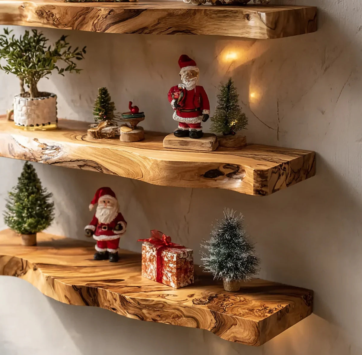 Rustic wooden shelves with Christmas decorations including Santa figurines, mini Christmas trees, and a gift box