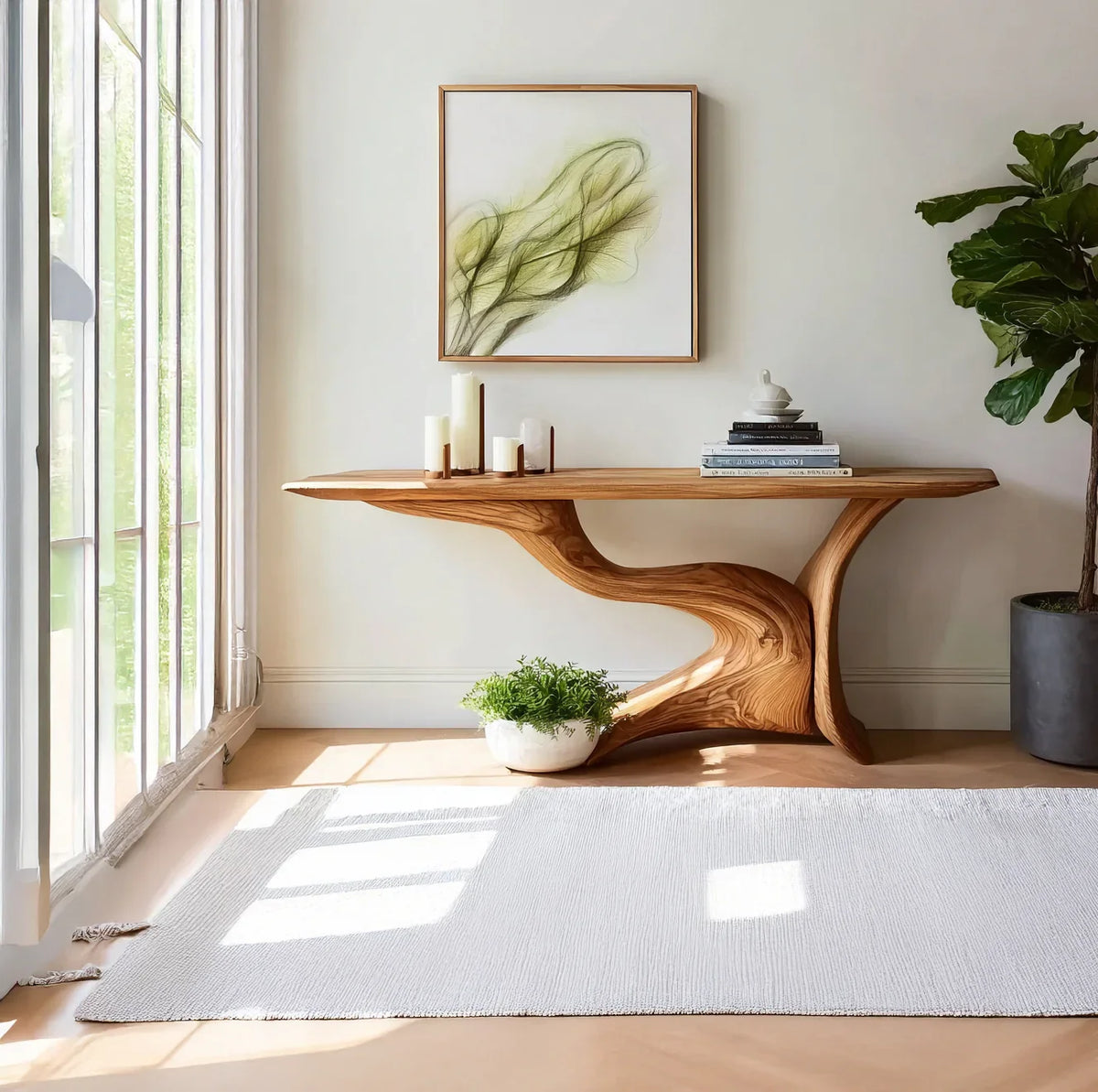 Live edge solid wood console table in bright living room with rug, modern decor, and indoor plant.