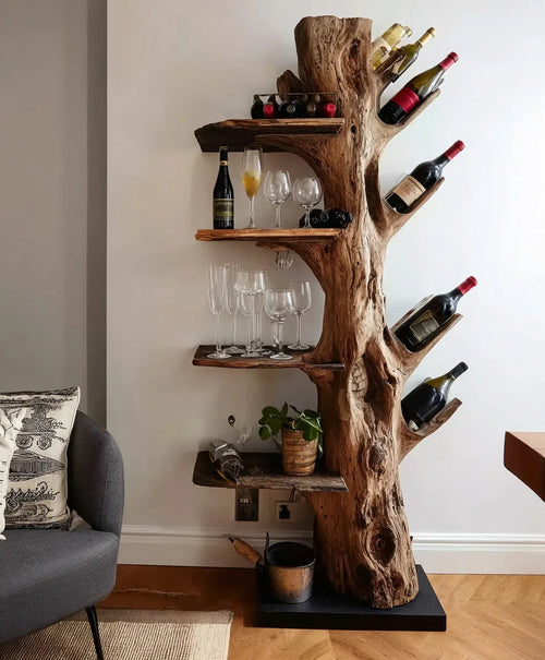 Tree Trunk Wine Rack – Handmade Solid Wood Wine Shelf with Glass Holder for Rustic Home Decor
