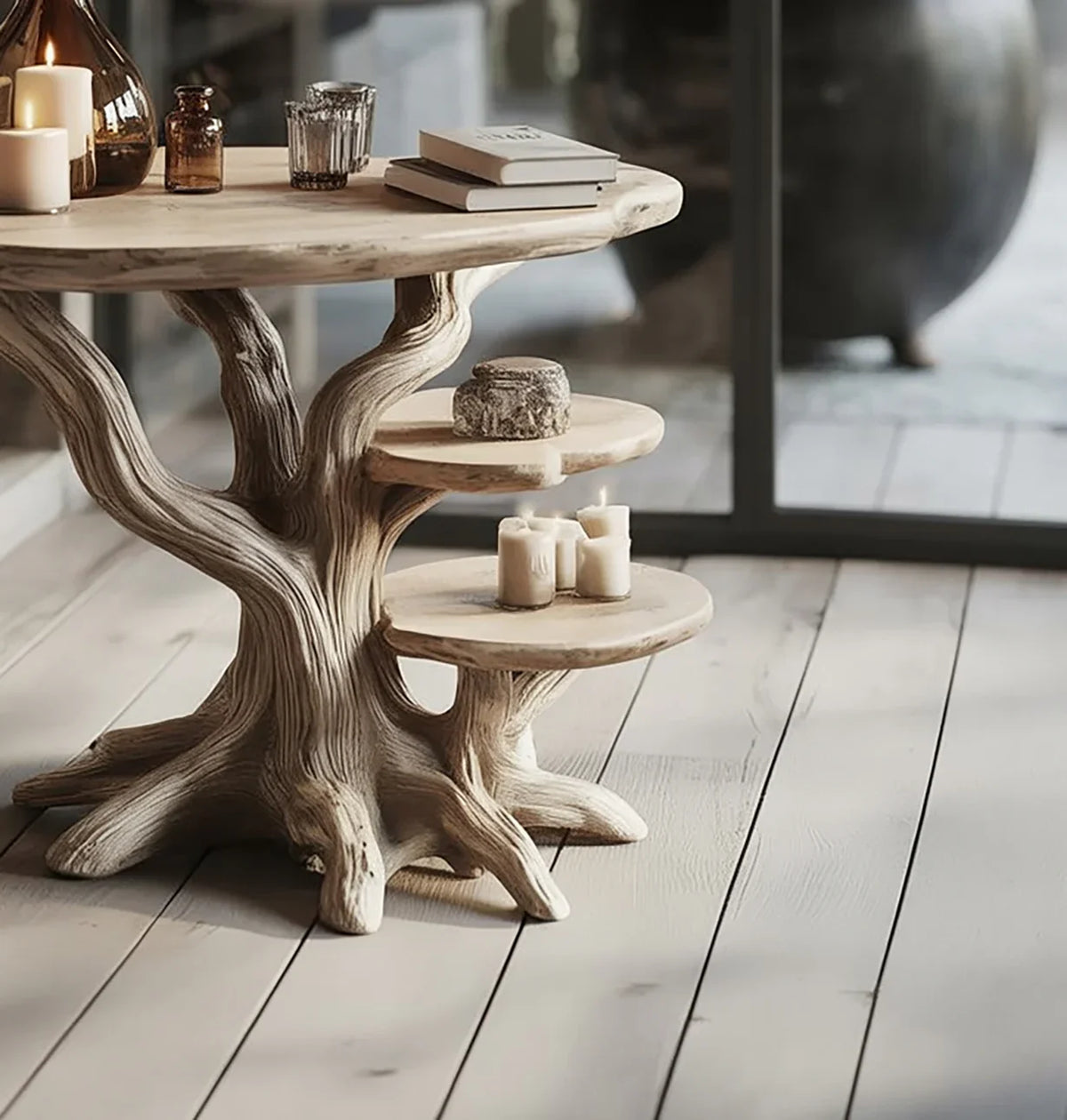 Live edge wood coffee table with tree-shaped base and shelves, decorated with candles and books