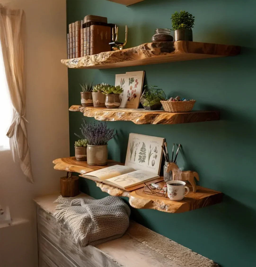 Live edge floating wood shelves with plants, books, and decor against a green wall