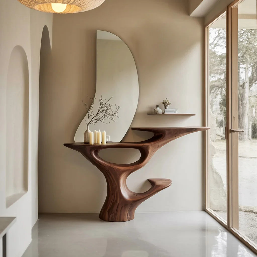 Sculptural solid wood console table with live edge design in a modern entryway, curved mirror above.
