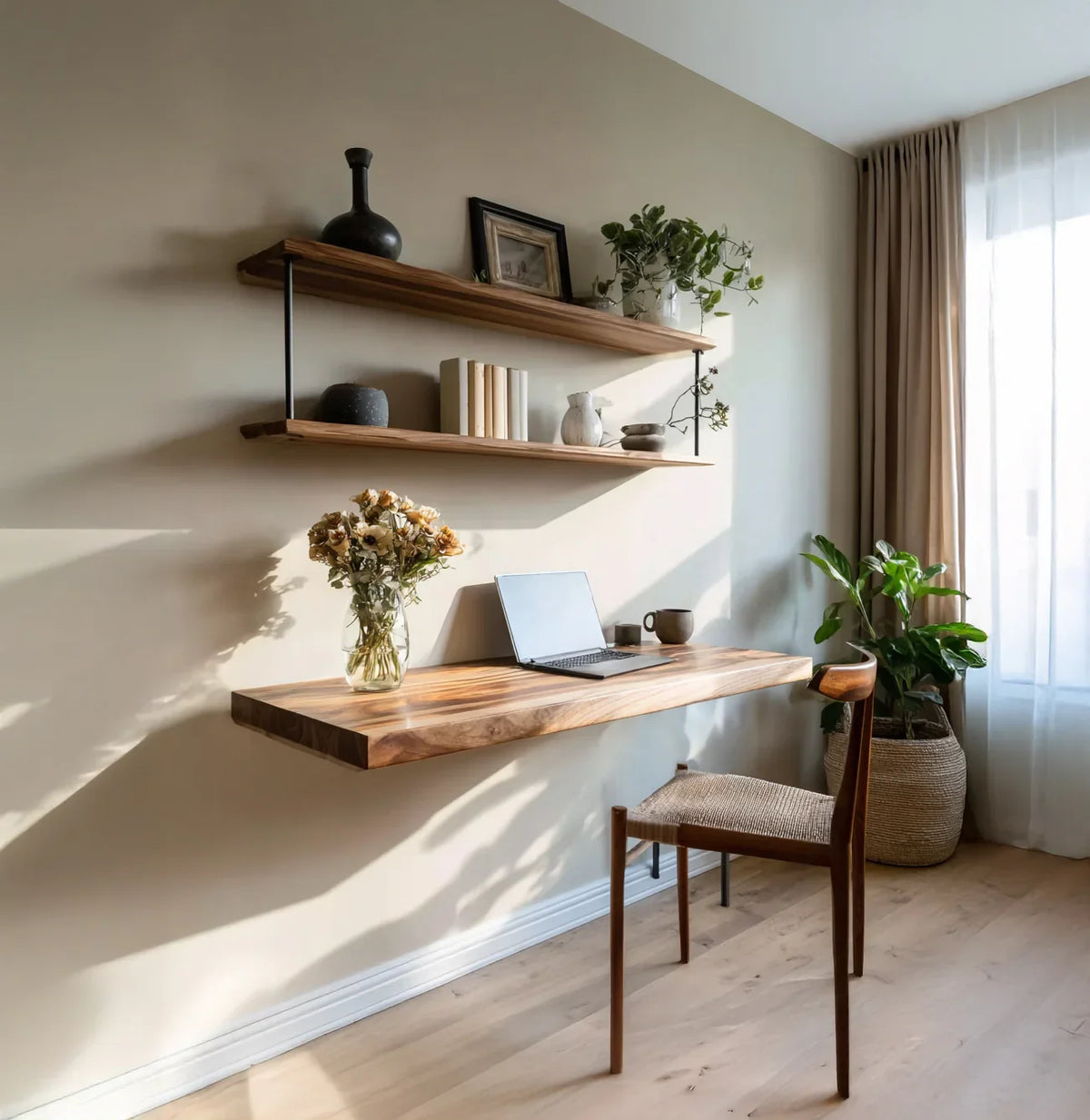 Modern home office with live edge wood floating desk, tree bookshelves, and natural decor.