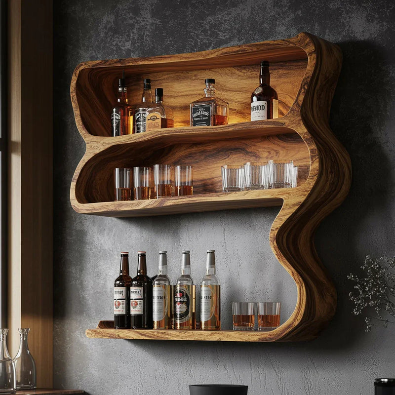 Modern wooden wall-mounted liquor shelf with assorted whiskey bottles and glasses