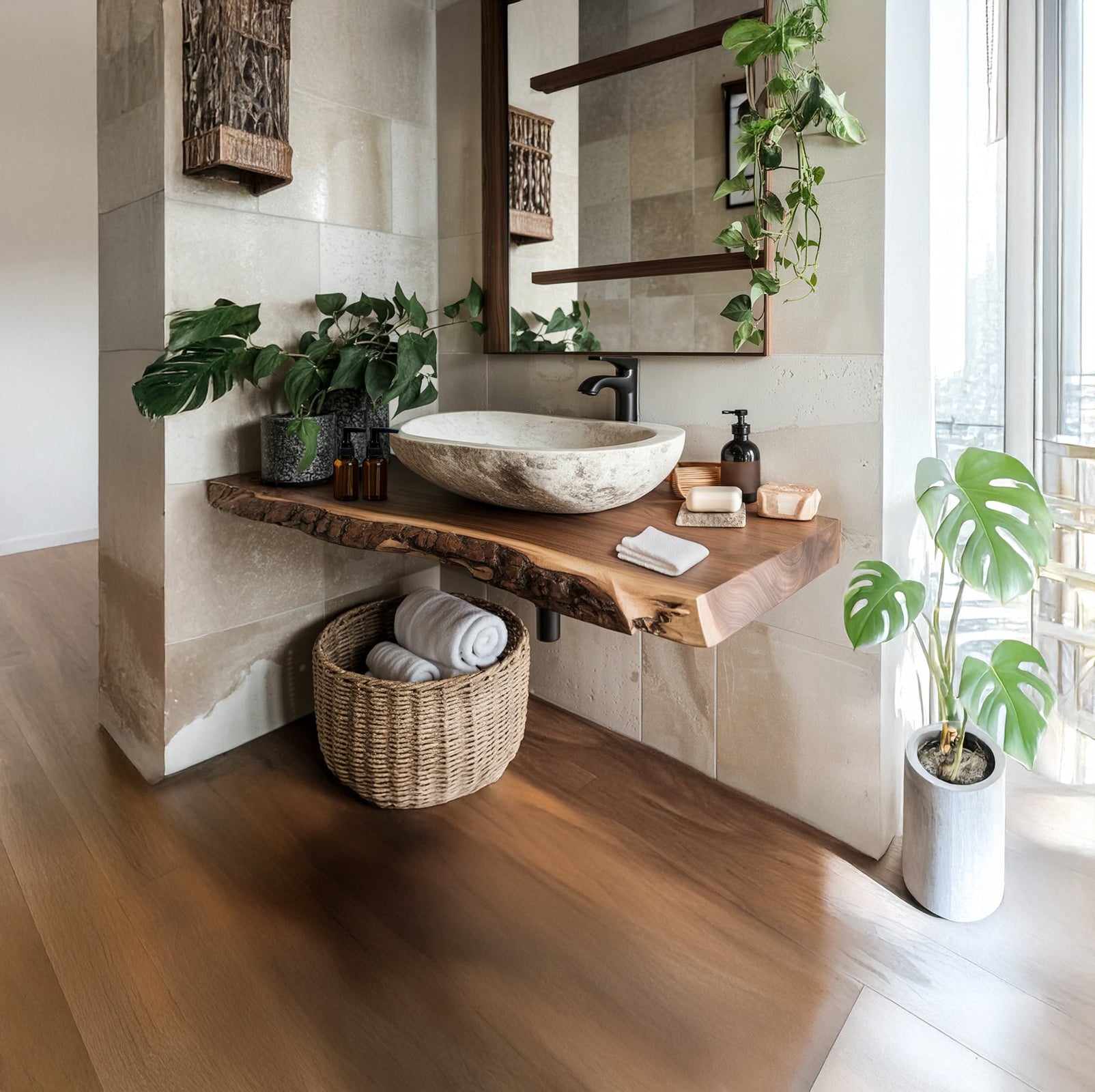 Handcrafted Rustic Floating Bathroom Vanity – Unique Live Edge Shelf with Custom Natural Sink Unit