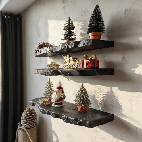 Rustic Floating Wall Shelf with Live Edge – Solid Wood Handmade Décor