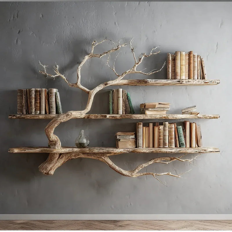 Live edge floating wall shelf shaped like a tree, holding books, against grey wall.