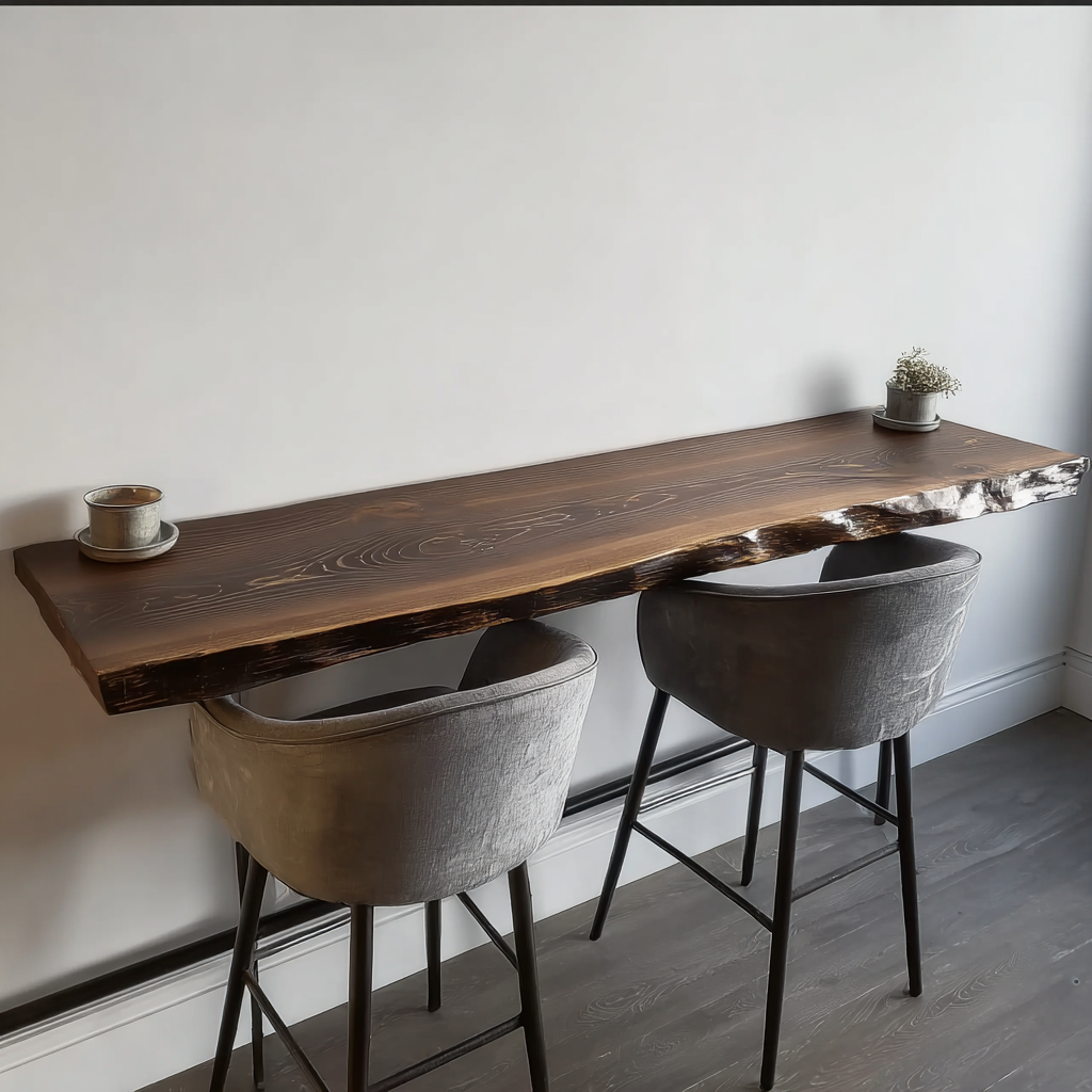 Live edge wooden bar table with two gray upholstered stools against white wall