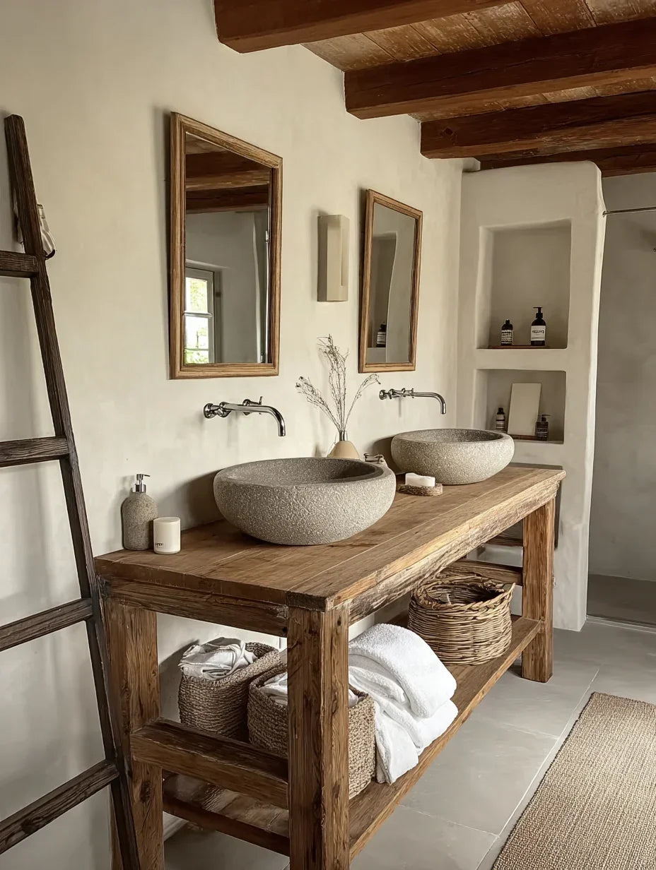 Rustic bathroom with double stone sinks on a solid wood vanity, woven baskets, and wooden ladder.