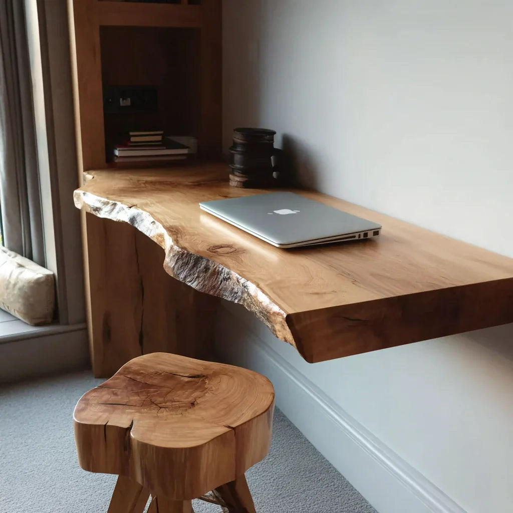 Wall-mounted live edge solid oak desk with wooden stool, modern home office setting