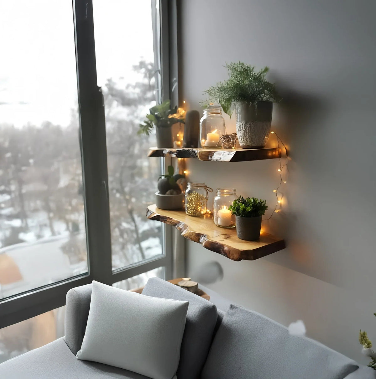 Cozy living room corner with gray sofa, wooden floating shelves holding plants and candles by large window
