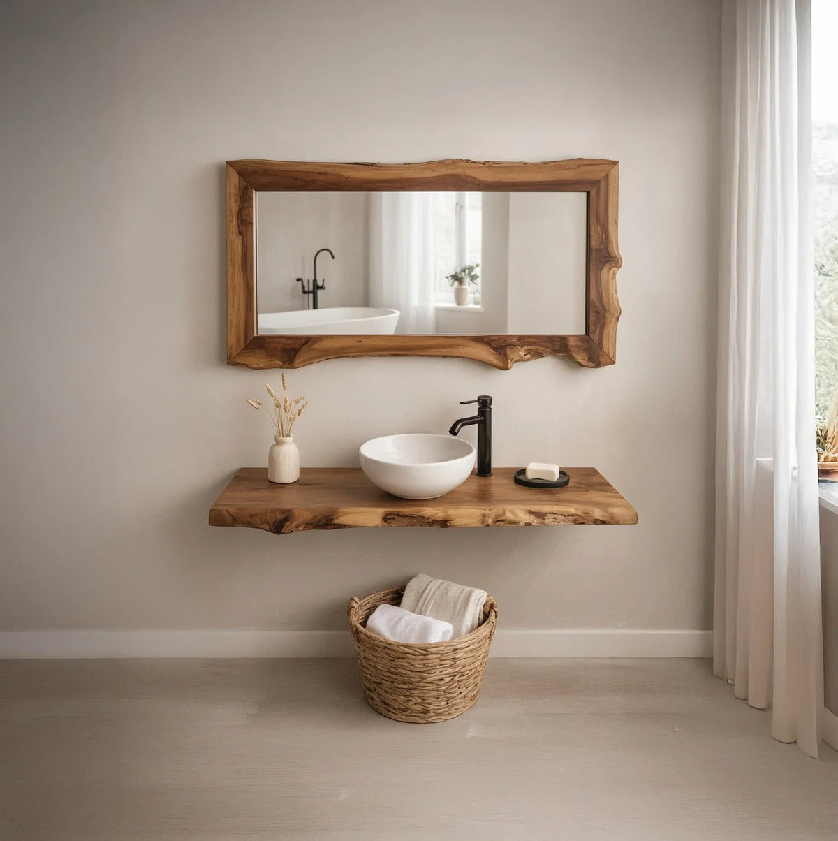 Live edge wood vanity with white vessel sink and matching mirror in minimalist bathroom