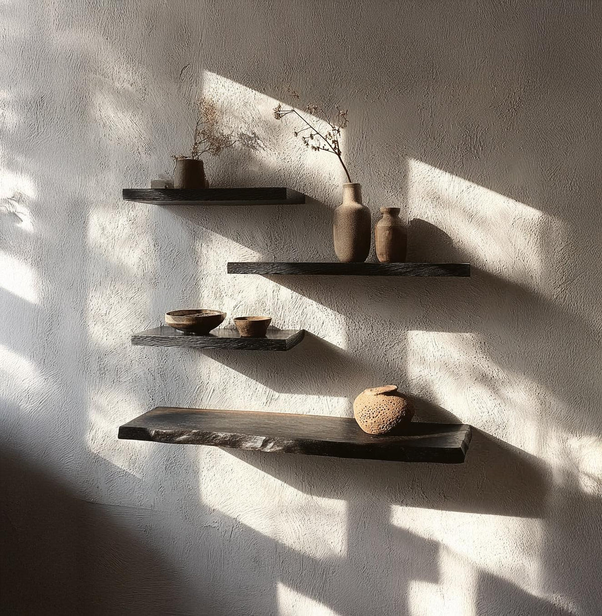 Live edge floating wood shelves with ceramic vases and bowls on textured wall in natural light