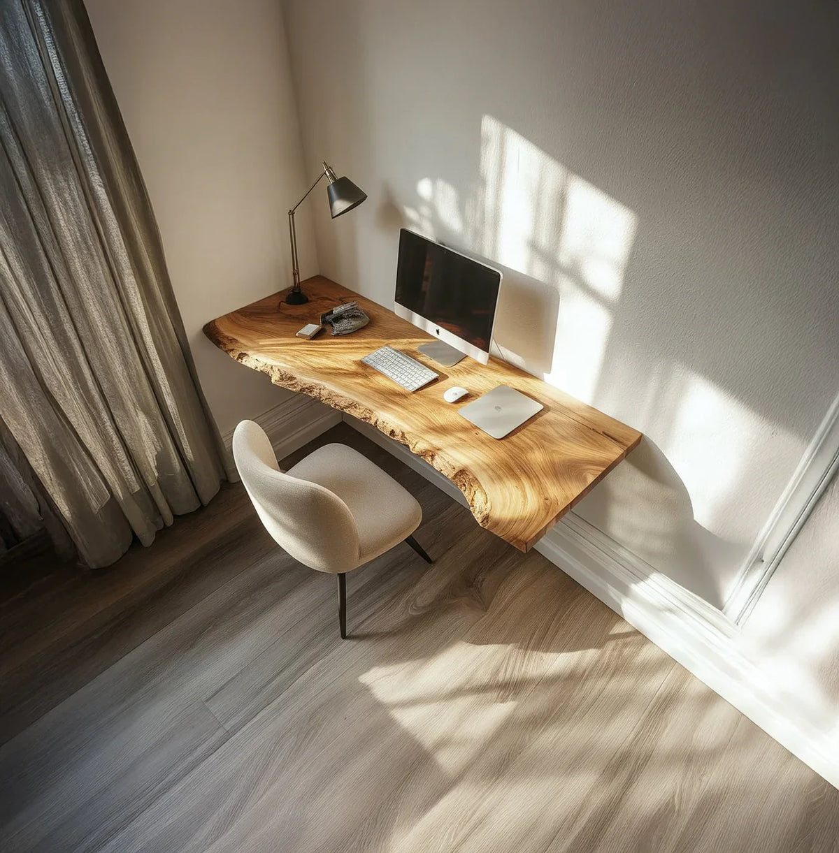 Live edge solid wood floating desk with modern chair and computer in sunlit home office