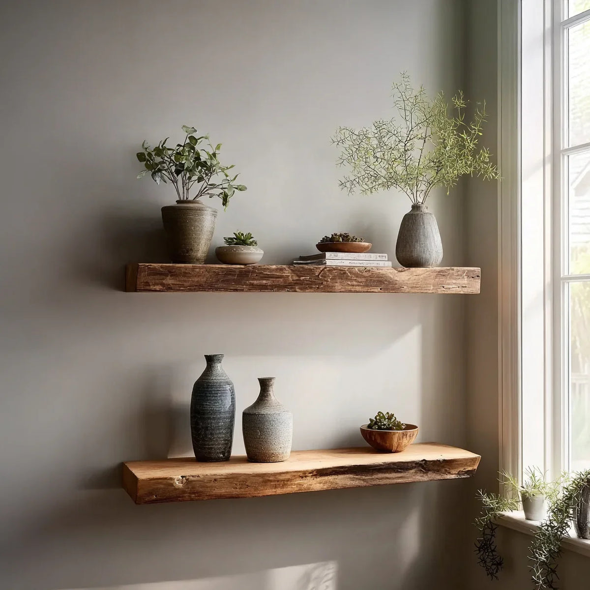 Floating live edge wood shelves with potted plants and ceramic vases by a sunlit window