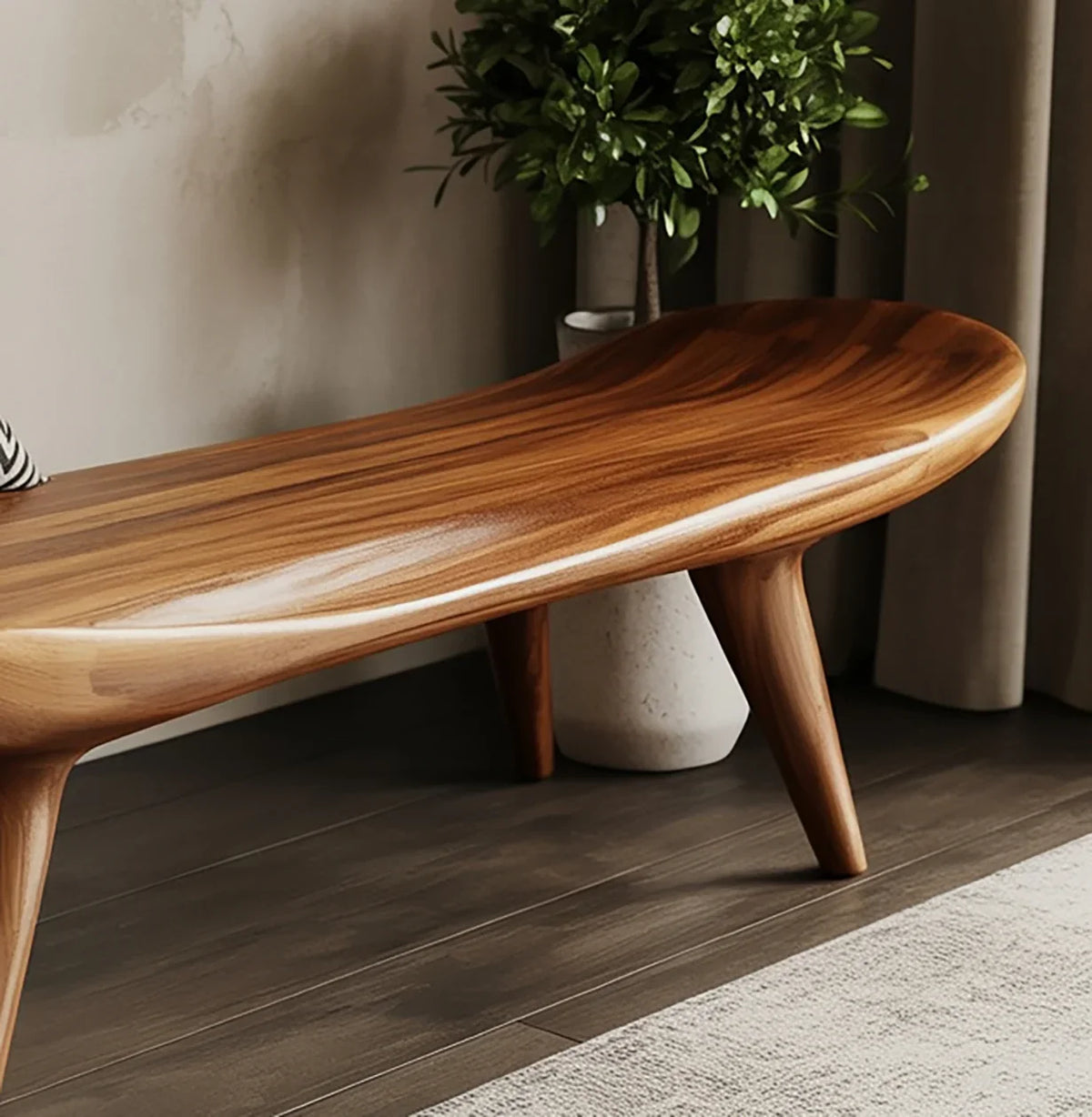 Solid wood live edge bench with smooth finish in modern living room setting