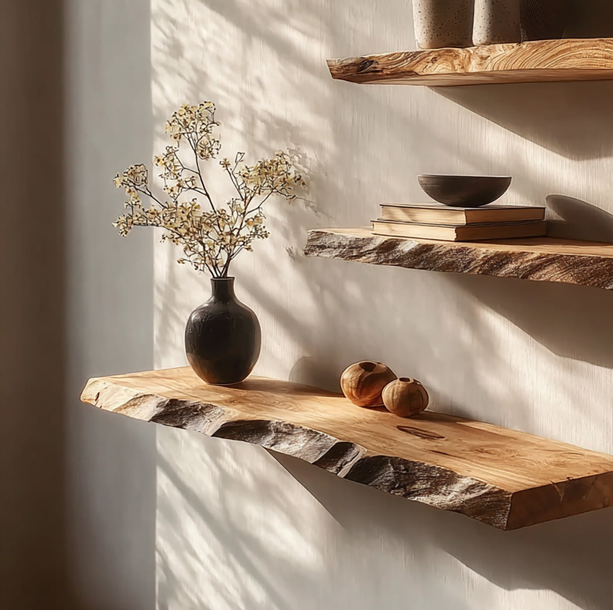 Live edge floating wood shelves with vase, books, and decor in natural sunlight