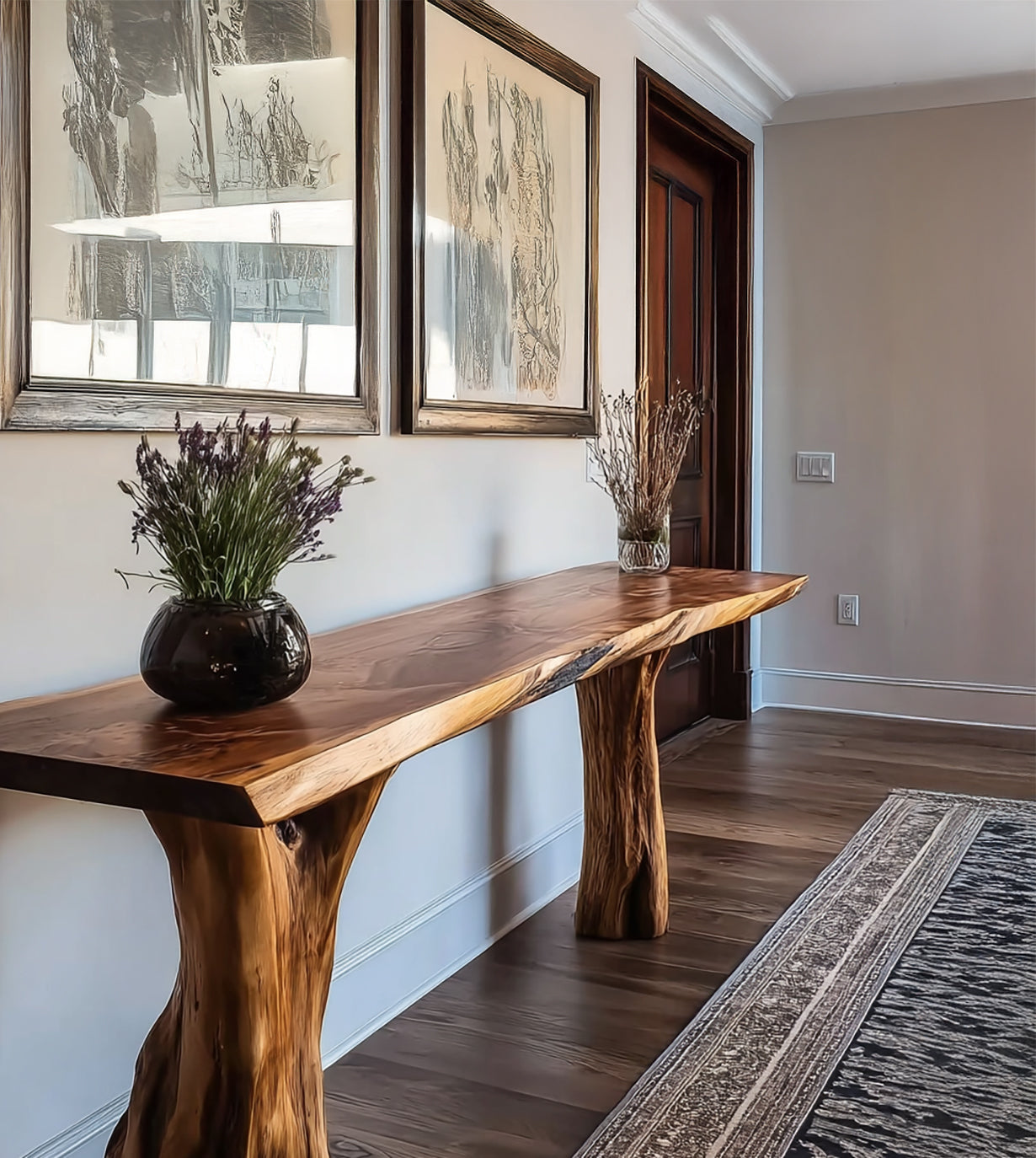 Rustic live edge wooden console table with dried floral arrangements in modern hallway