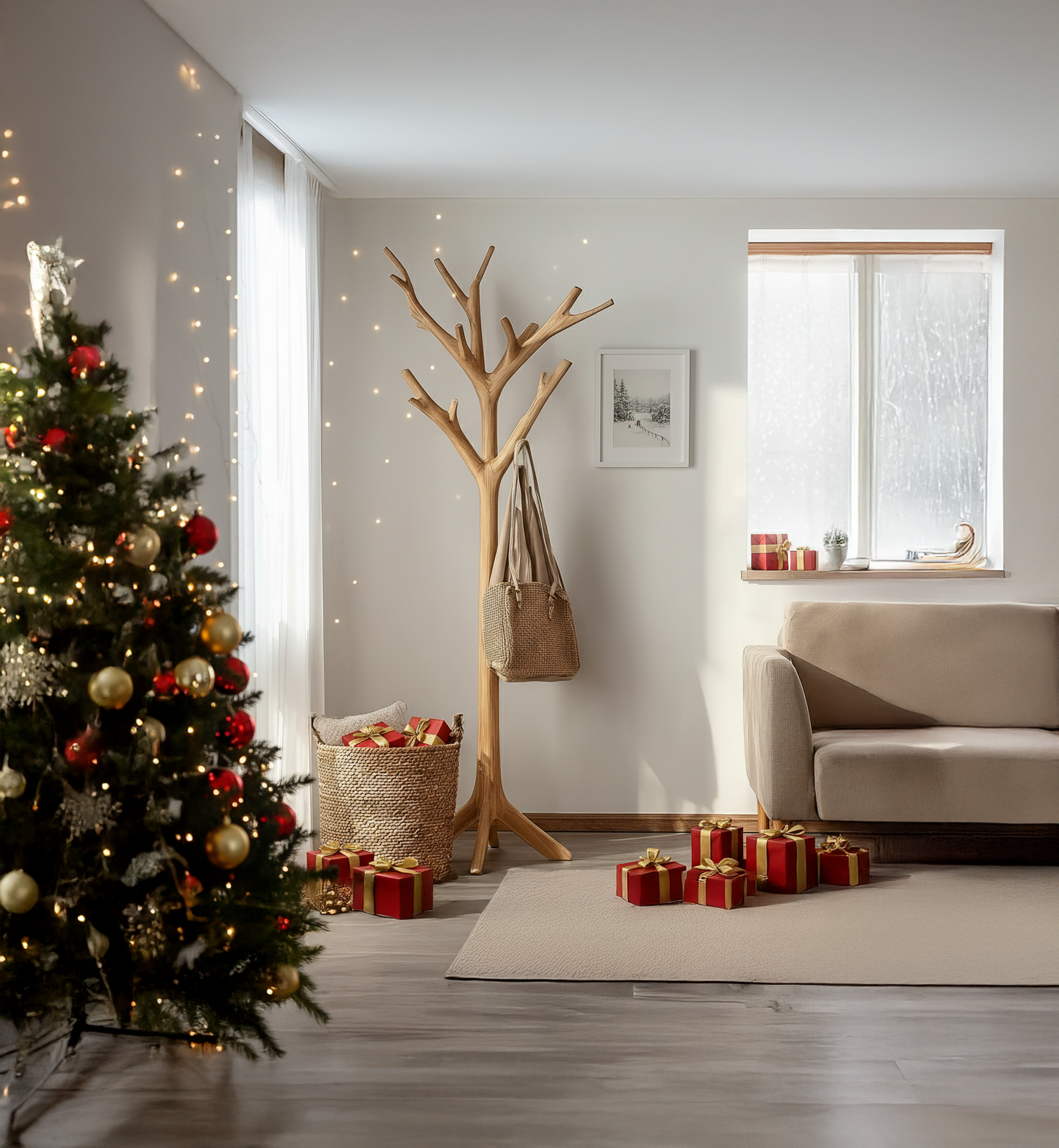 Cozy living room with decorated Christmas tree, wrapped gifts, wooden coat rack, and beige sofa