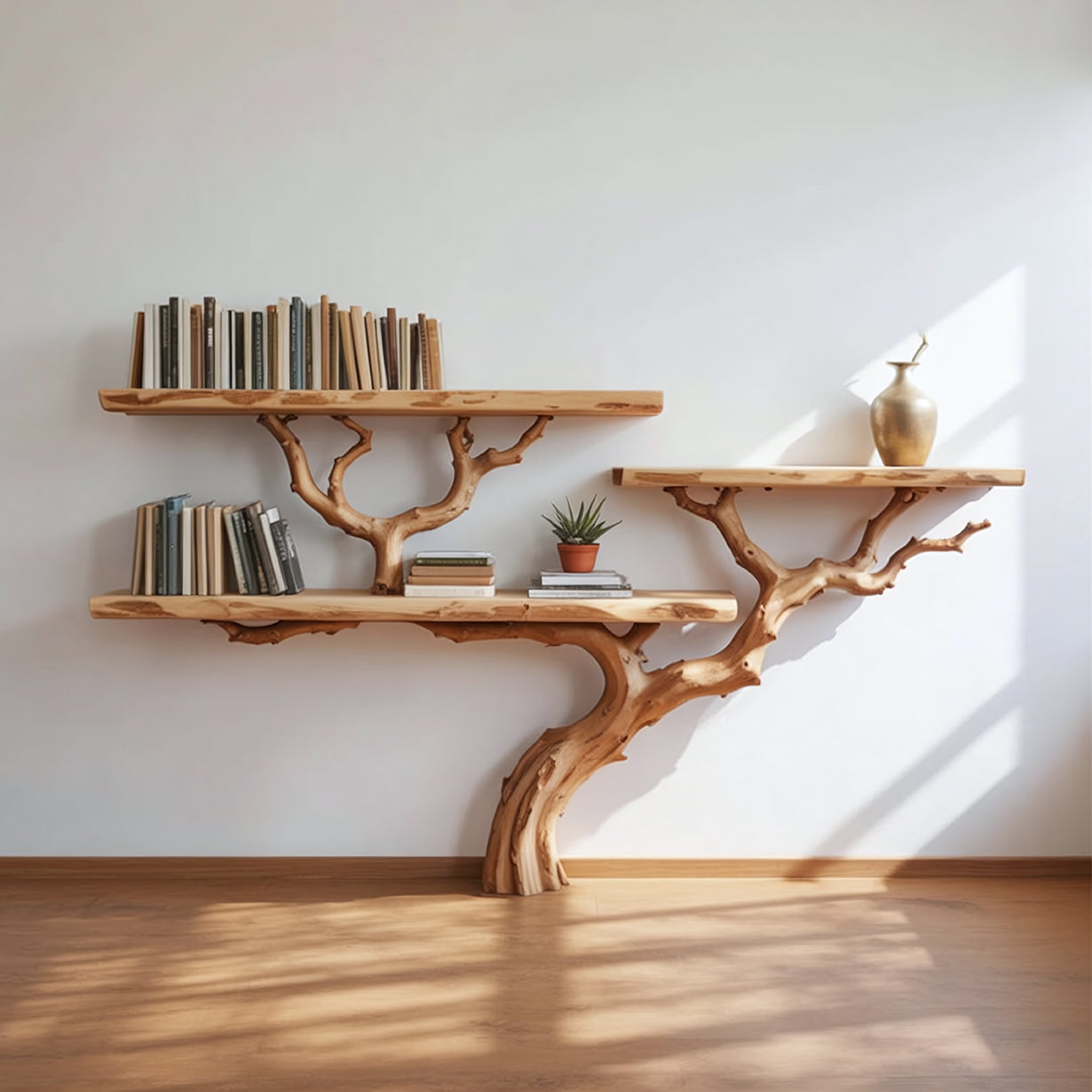Solid wood tree bookshelf with live edge shelves, books, potted plant, and vase against wall
