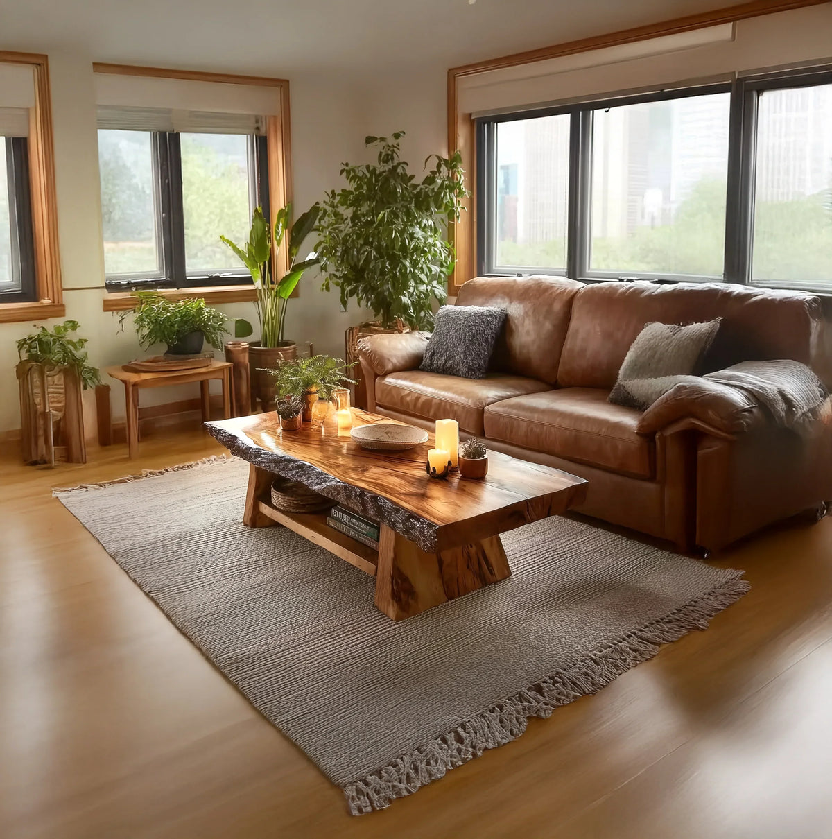 Cozy living room with brown leather sofa, wooden coffee table, indoor plants, and large windows