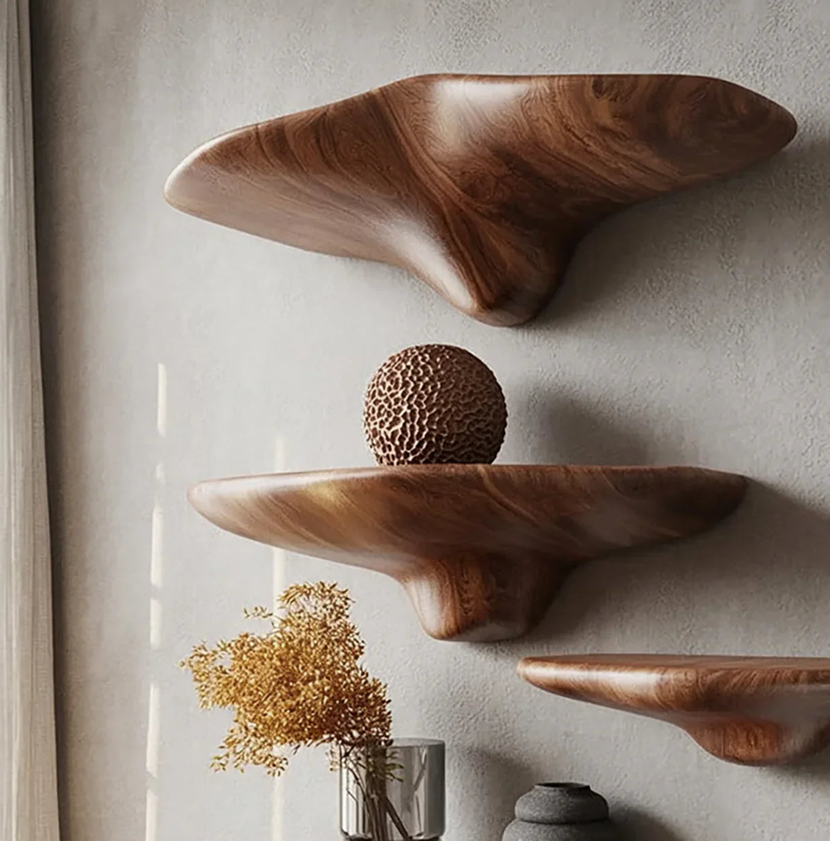 Organic live edge floating wood shelves mounted on a wall, modern minimalist decor.