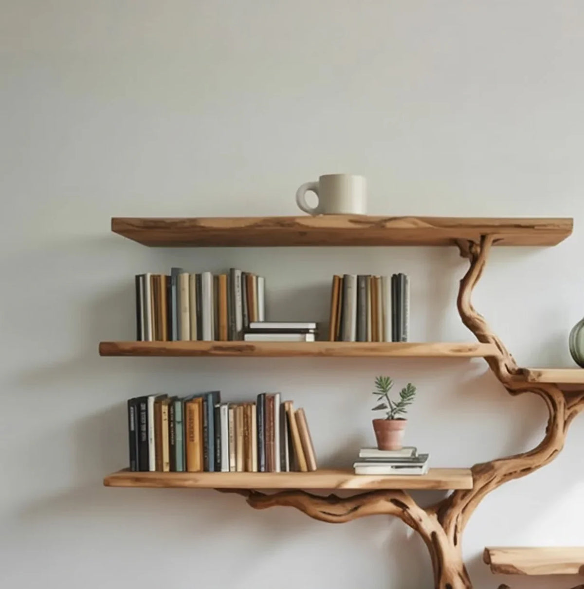 Live edge wooden tree bookshelf with books, mug, and potted plant against a white wall.
