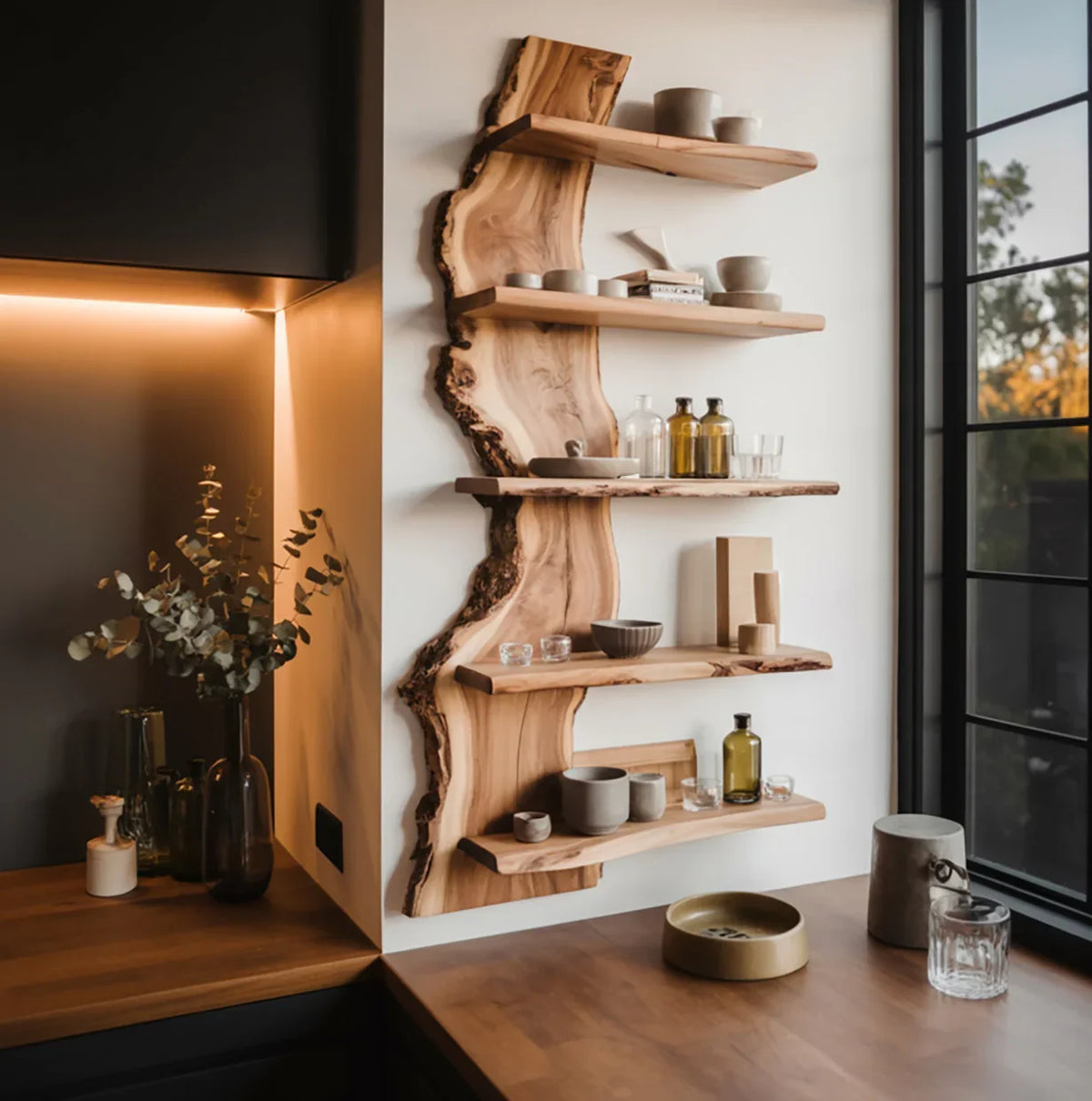 Live edge solid wood floating shelves with ceramics and glassware in a modern kitchen corner