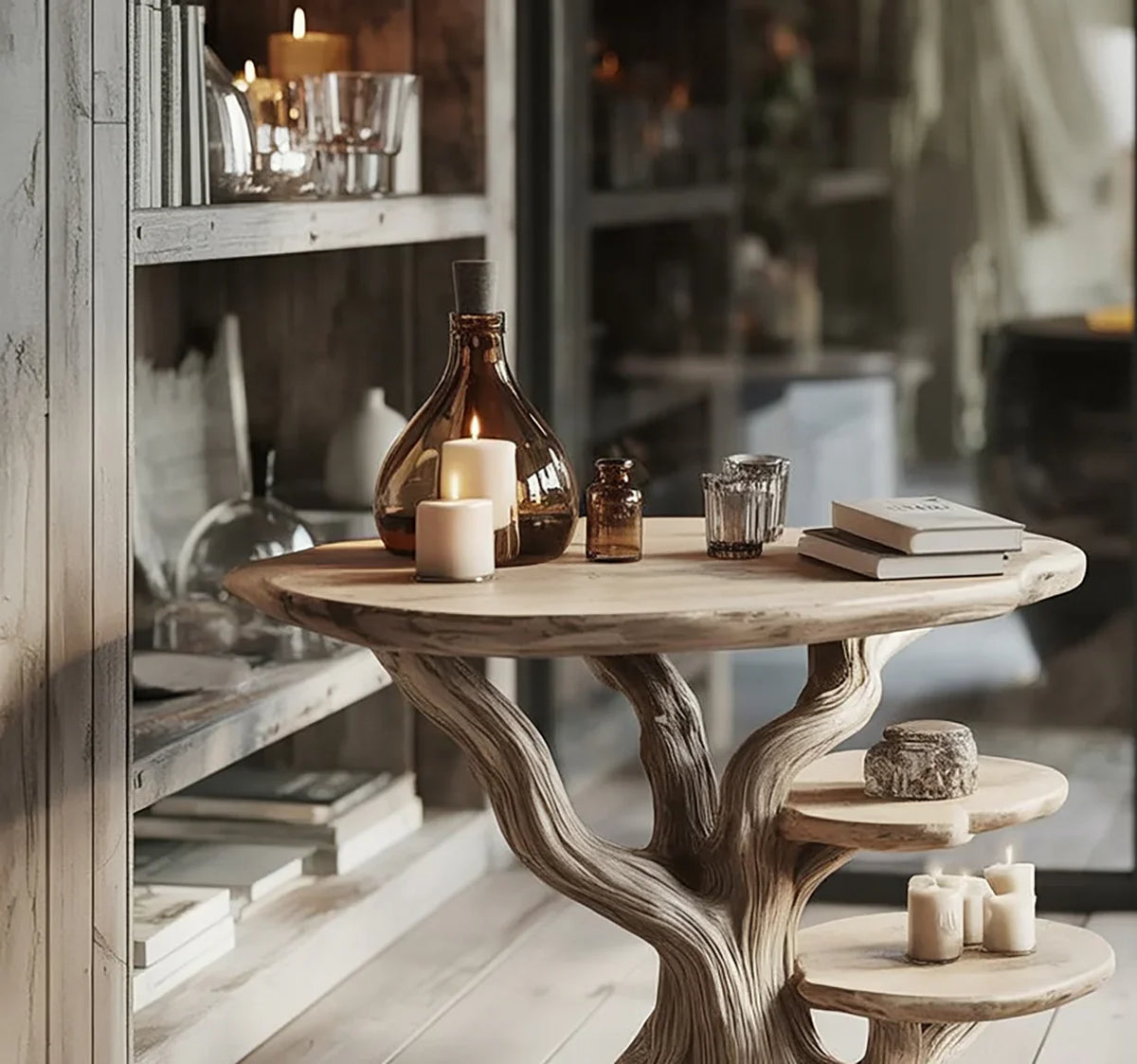 Sustainably crafted live edge wood table with candles, books, and tree-inspired shelves