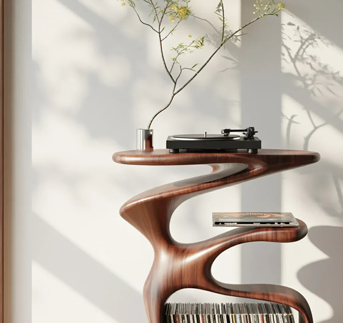Modern solid wood sculptural shelf with record player, LPs, and vase in sunlight