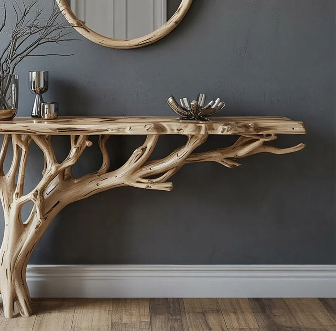 Live edge solid wood console table with tree branch base, modern decor, gray wall background