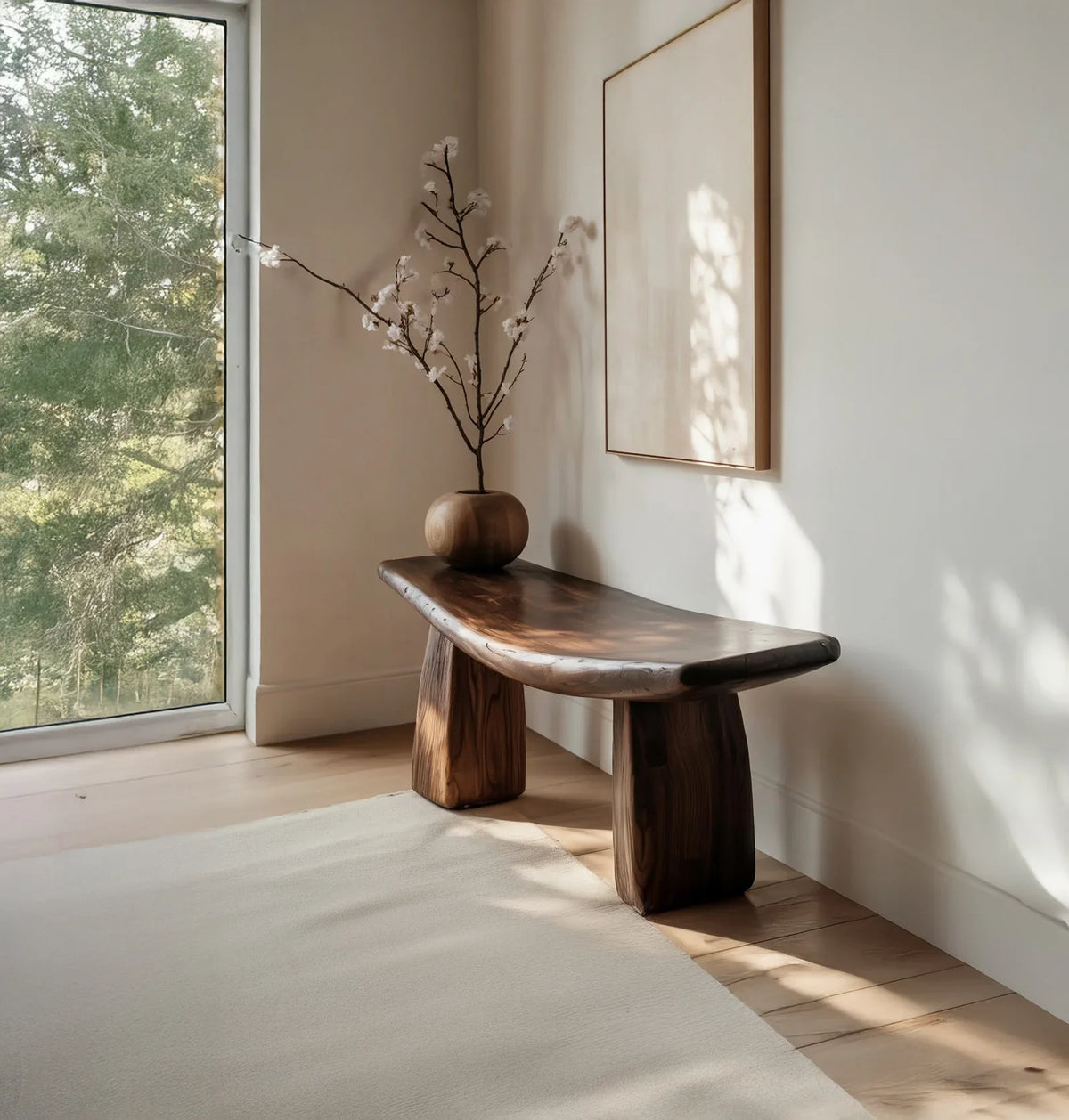 Live edge solid wood bench in modern living room with minimalist decor and large window