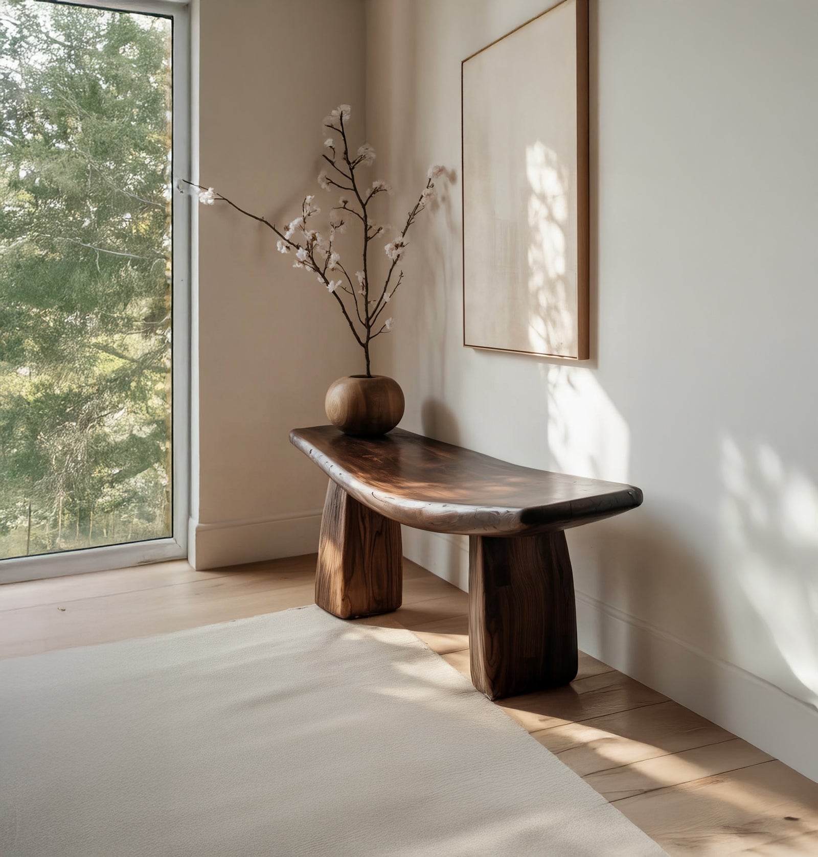 Handcrafted Solid Wood Sculptural Bench with Curved Top – Modern Rustic Accent