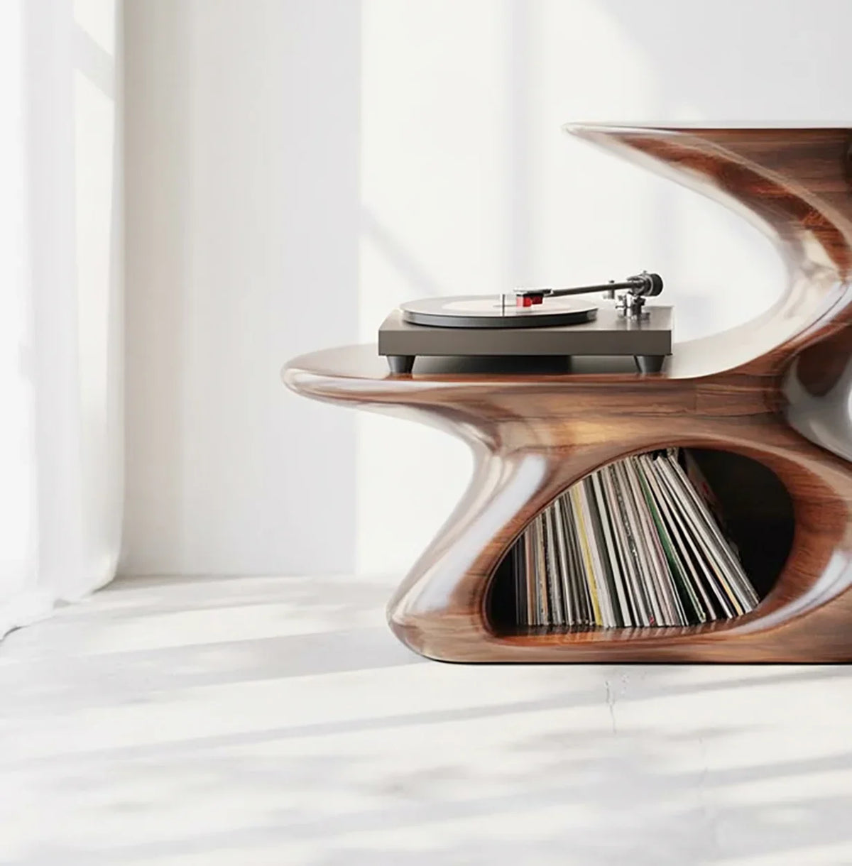Modern sculpted wood media console with turntable and vinyl record storage in natural light