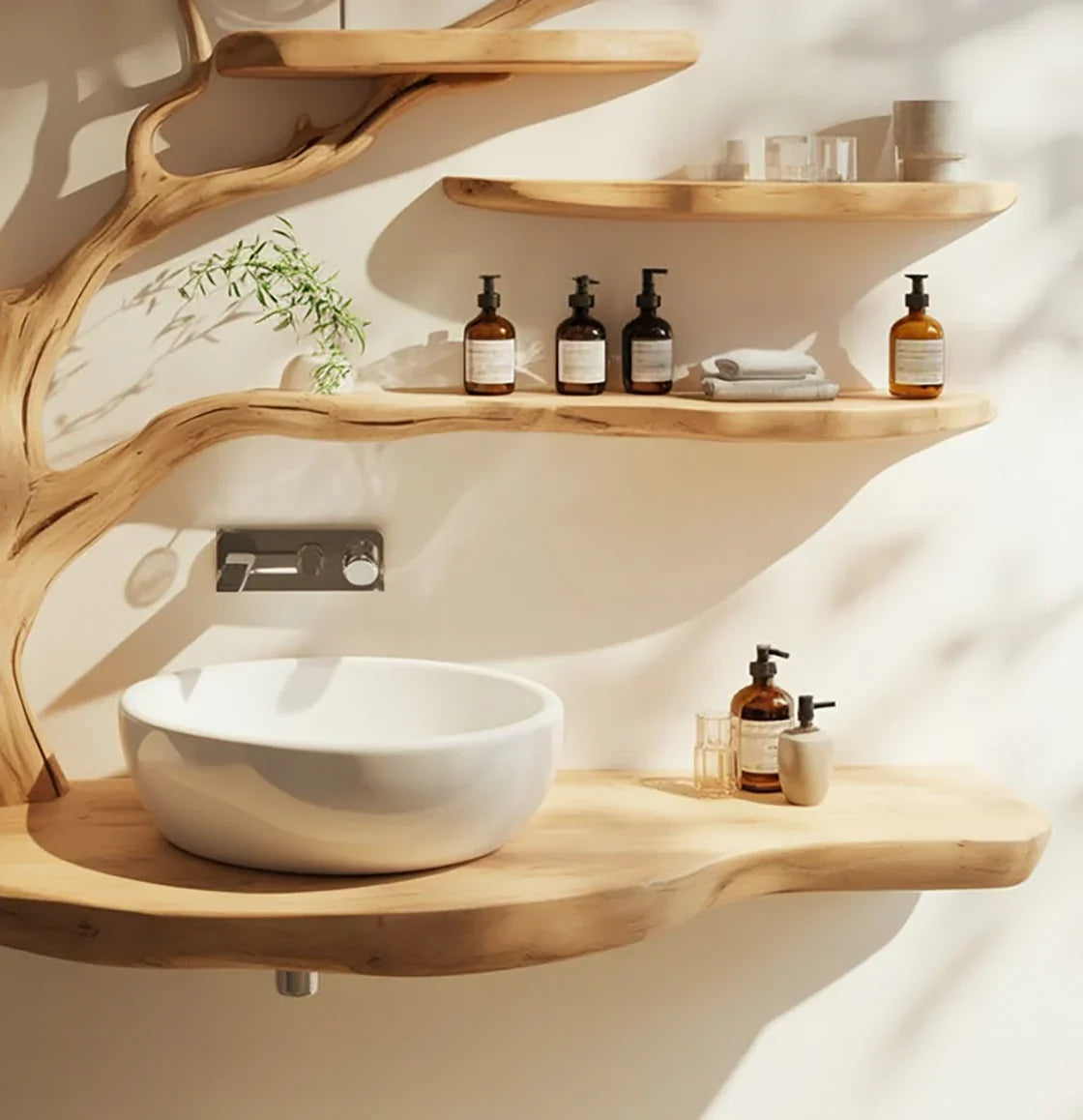 Live edge wooden shelves with tree design above a white vessel sink in a modern bathroom.