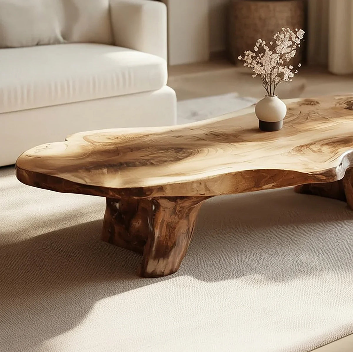 Live edge solid wood coffee table with natural finish in a bright living room