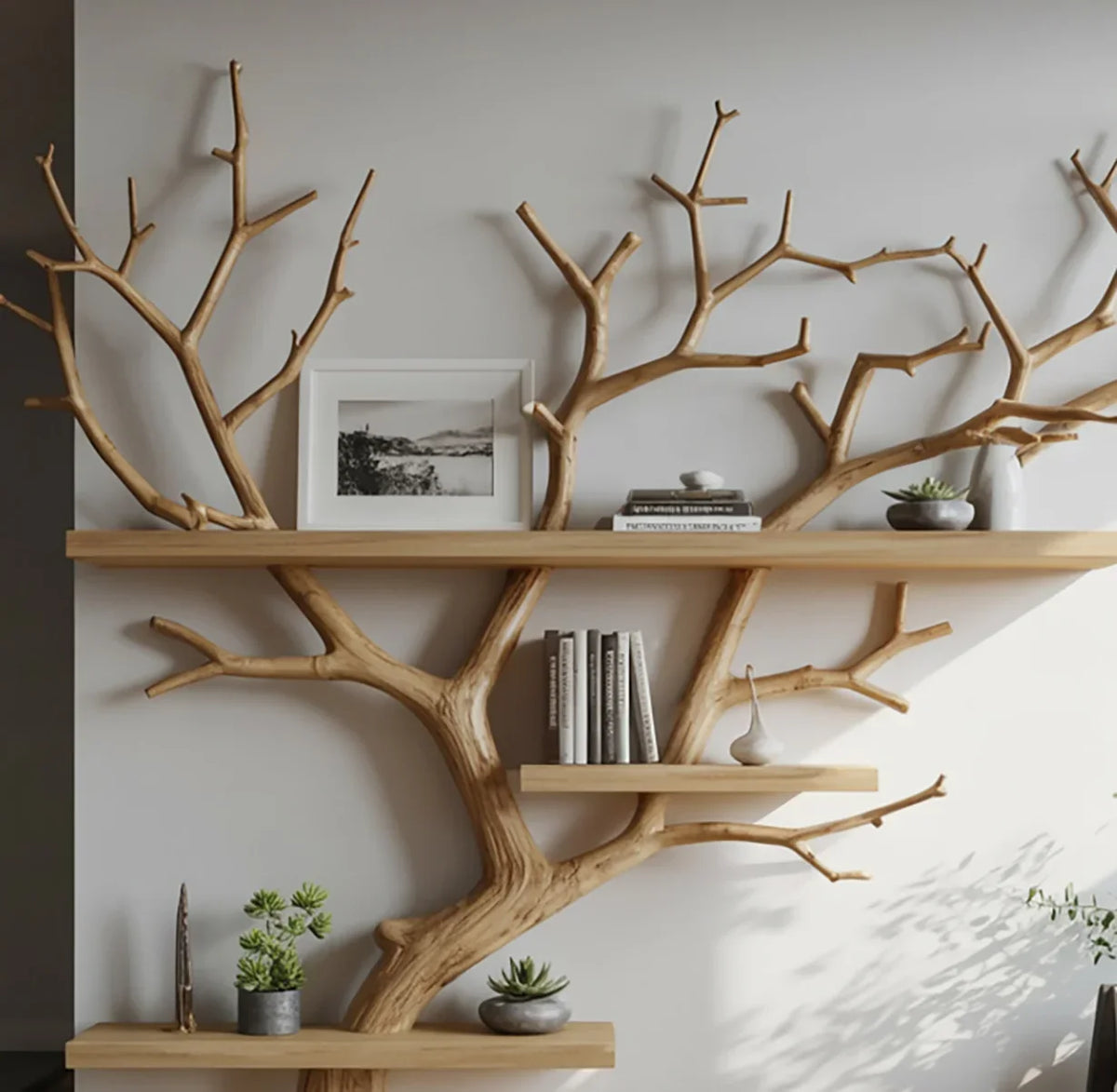 Solid wood tree bookshelf with branches, floating shelves, books, plants, and home decor.