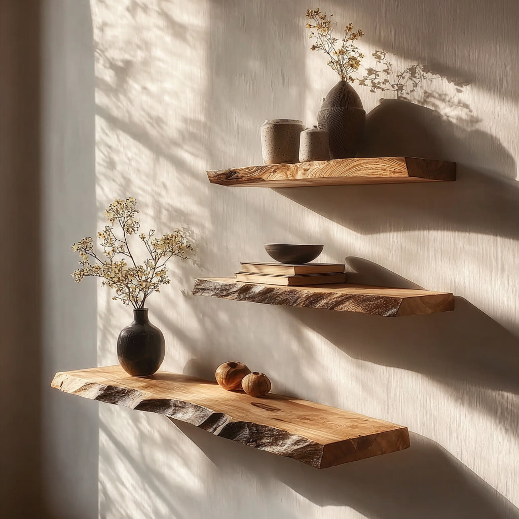 Staggered floating shelves with balanced decor arrangement