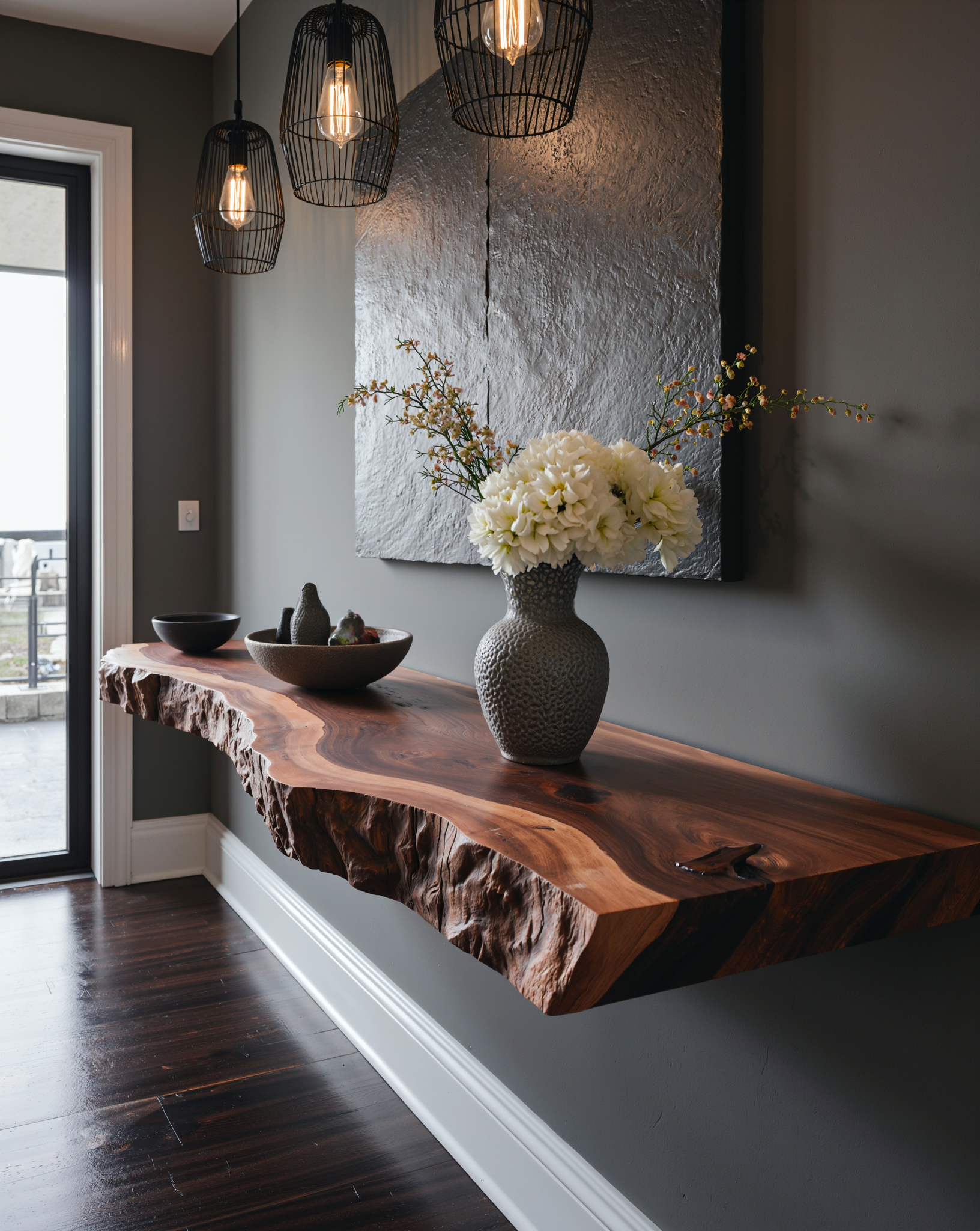 Live edge solid wood floating shelf with natural finish, styled with vases and bowls.