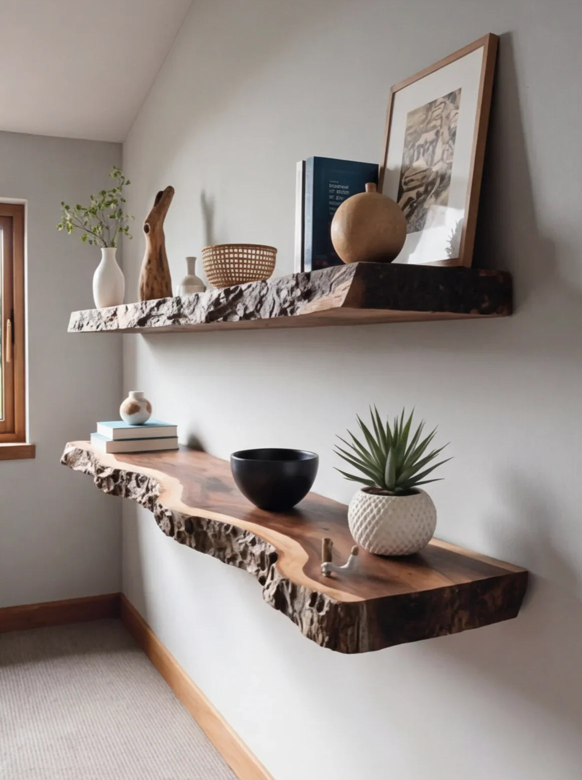 natural wood floating shelves styled with ceramics in farmhouse living room
