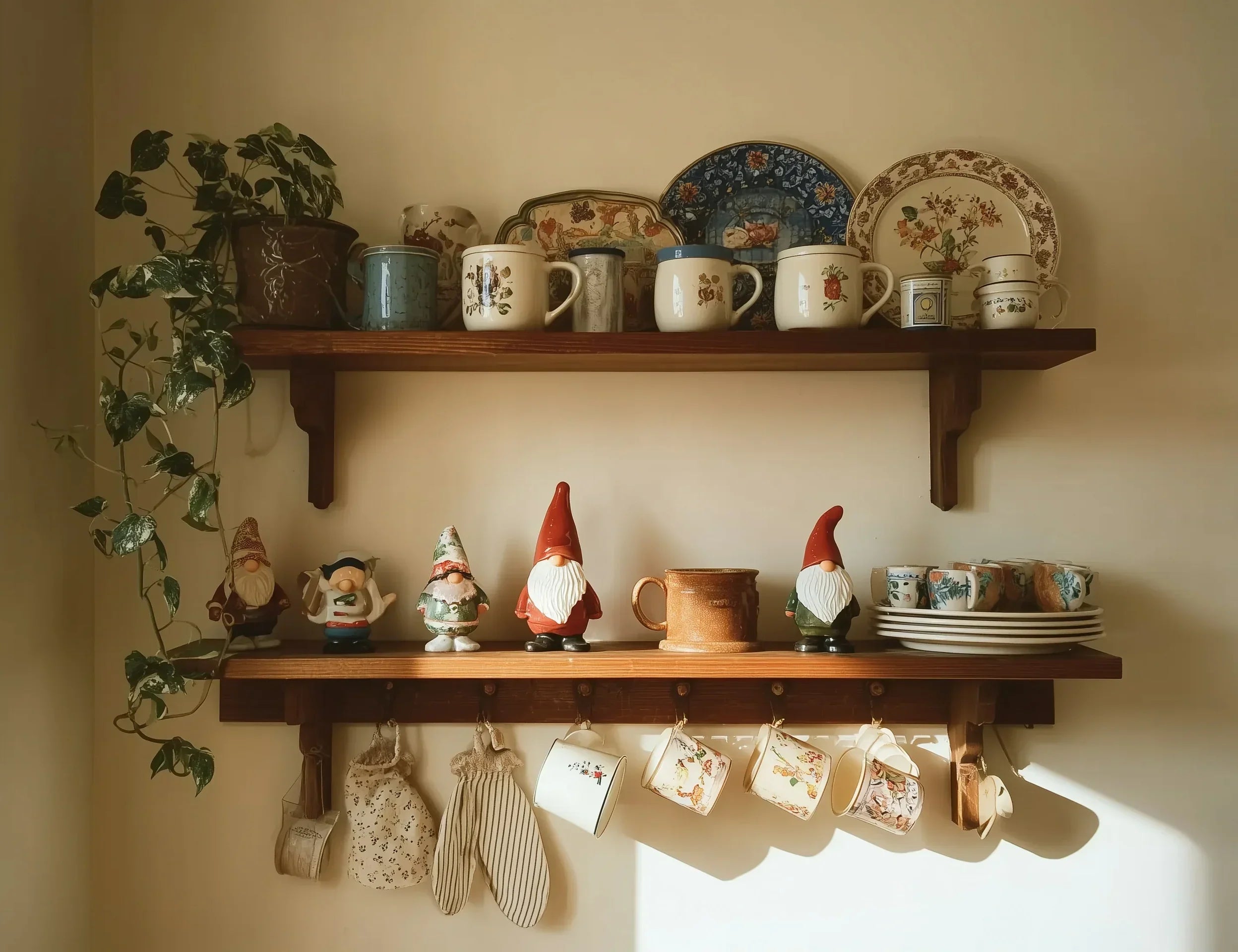 Rustic wood corner shelf floating used as bedroom nightstand alternative. Wood floating wall shelves with vintage mugs, gnome figurines, plates, and hanging cups.