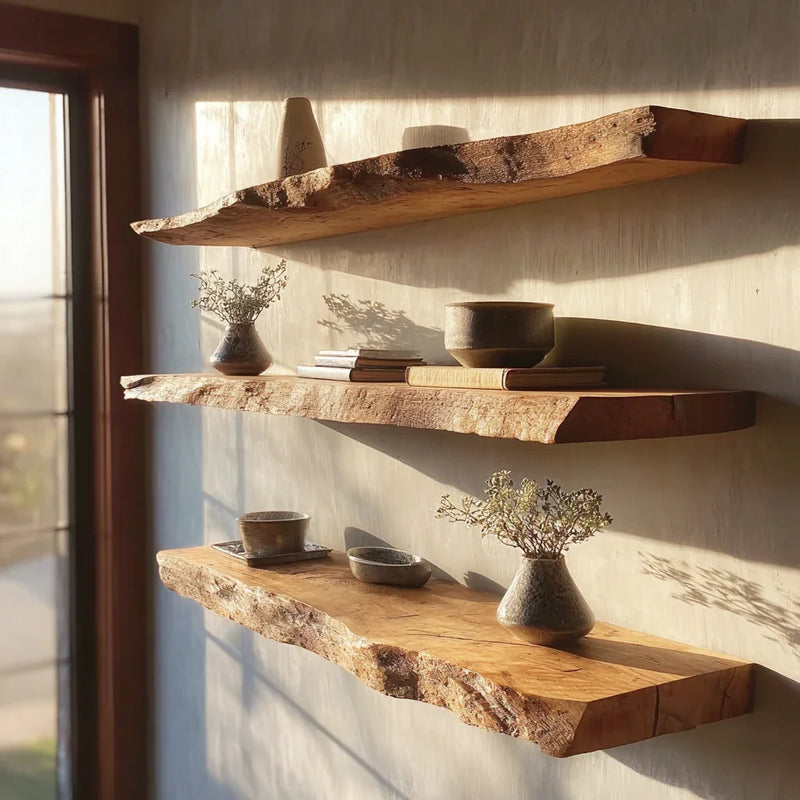 Live edge solid wood floating shelves with ceramic vases and bowls on sunlit wall