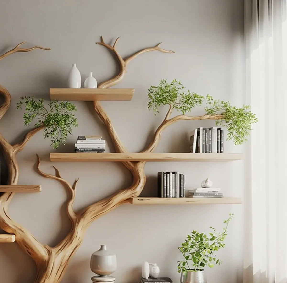 Tree shaped wall bookshelf with solid wood shelves, books, vases, and greenery, modern decor