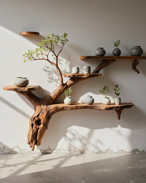 Driftwood Floating Bookshelf – Rustic Tree Branch Wall-Mounted Bookcase