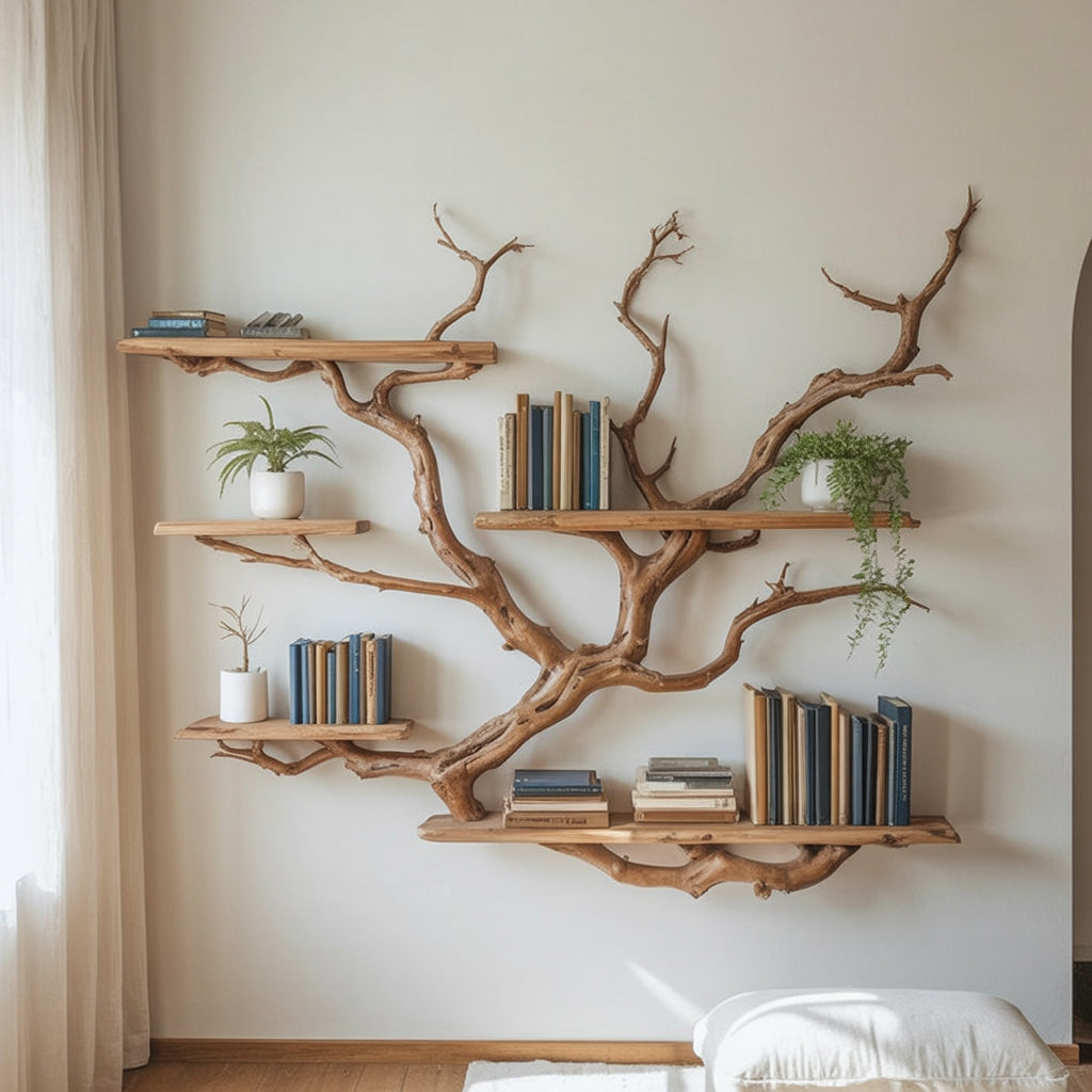 Unique wall shelves made from natural wood branches holding books and potted plants in cozy living room