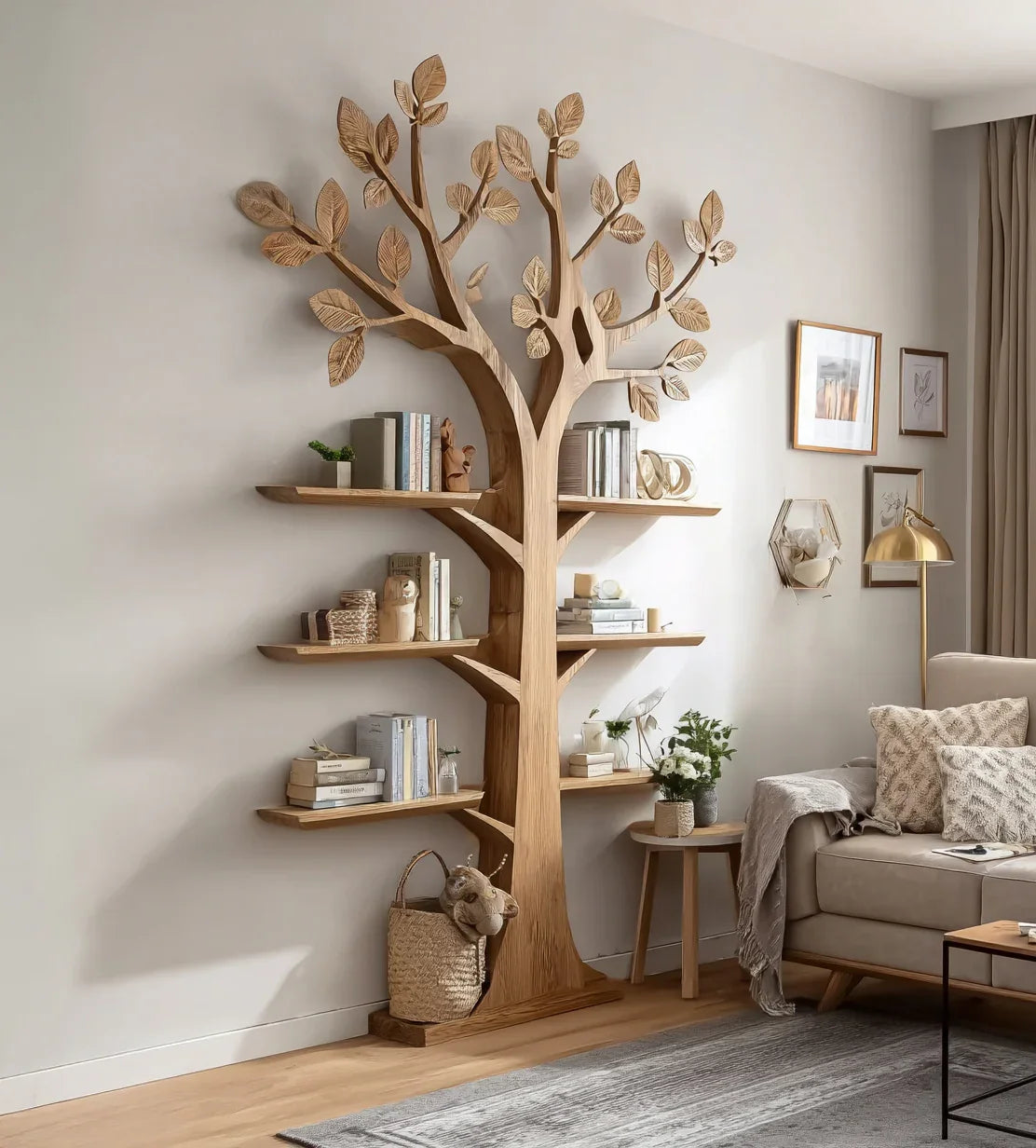 tree bookshelf styled with plants and books in boho living room