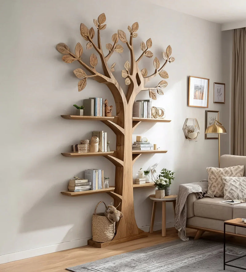 tree bookshelf styled with plants and books in boho living room